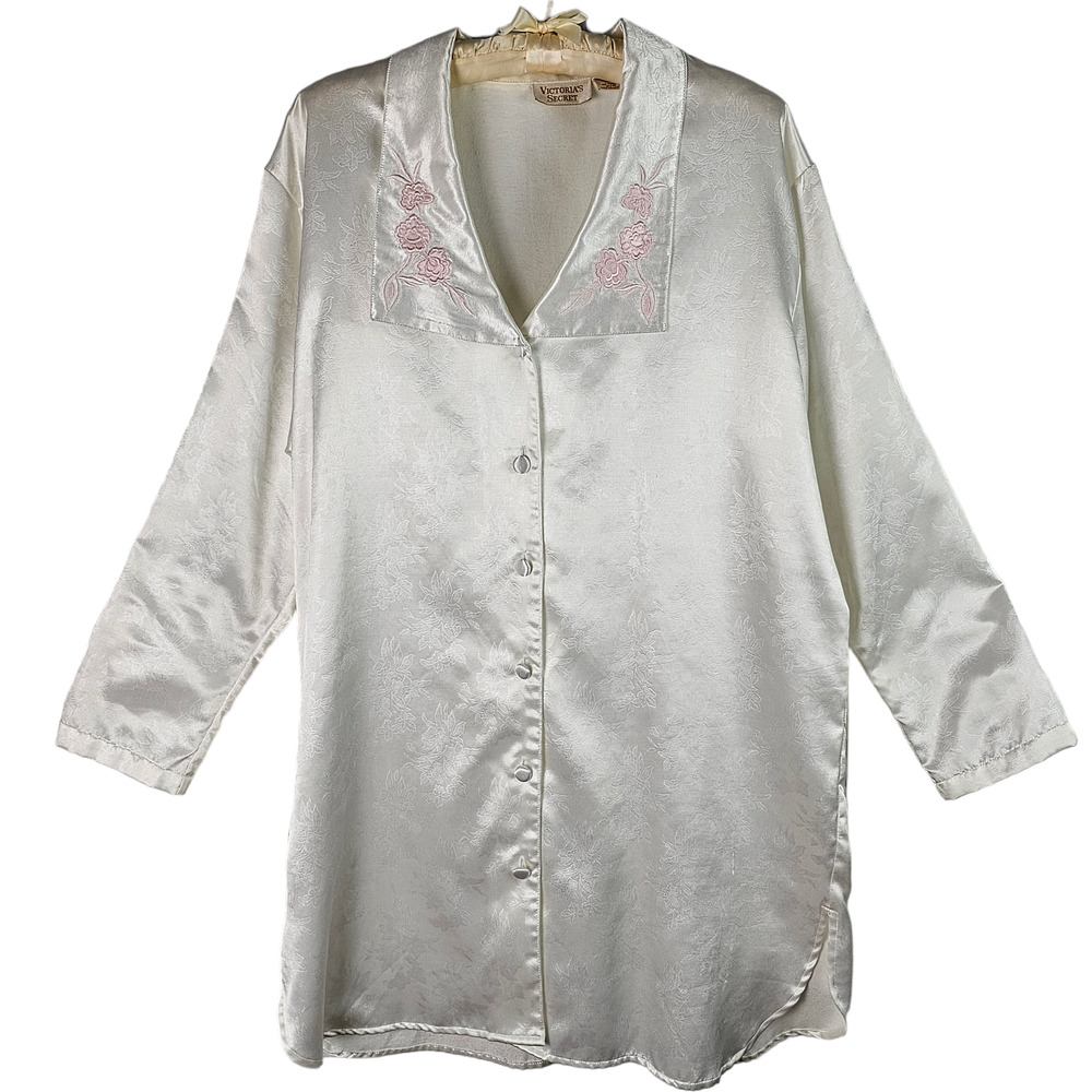 Vintage Gold Label Victorias Secret flannel lined white brocade nightshirt Small